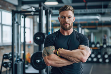 Confident male personal trainer with arms crossed in gym - obrazy, fototapety, plakaty