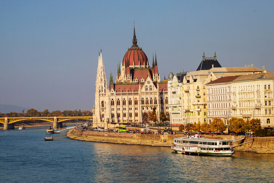 Budapest Landmarks Of Hungarian Parliament Orszaghaz Building Danube River in Cityscape