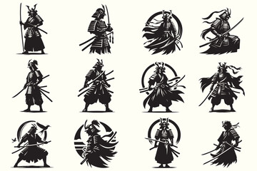 Samurai Silhouette Vector Illustration Bundle - obrazy, fototapety, plakaty