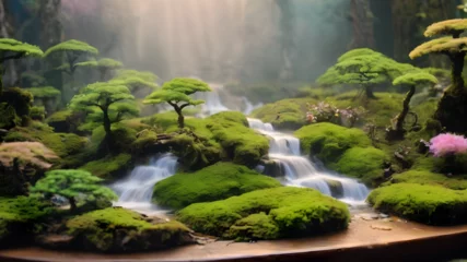 Foto op Plexiglas shabby chic dreamy mist pastel junk journals The Bonsai Forest Retreat Imagine a room filled with miniature bonsai trees, each resembling a different landscape or mythical creature. Tiny waterfalls, m © Muhammad