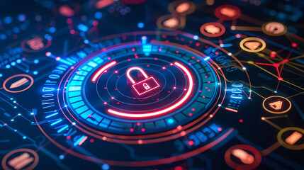 Close Up of Secure Circular Device With Lock Symbol, Cybersecurity concept