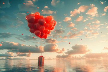 Love is in the air Heart balloon floats with gift box - obrazy, fototapety, plakaty
