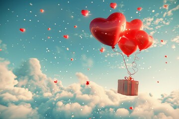 Romantic gesture Heart balloon floats alongside gift box in sky - obrazy, fototapety, plakaty