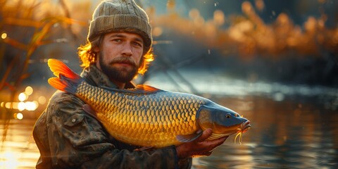 A satisfied fisherman holds a big catch during a peaceful morning on a sunny lake. - obrazy, fototapety, plakaty