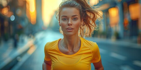 A pretty, youthful runner in a fashionable outfit smiles while posing on a city street. - obrazy, fototapety, plakaty