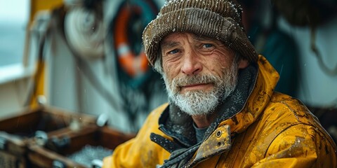 A portrait of an old, tired man with a beard, expressing loneliness and despair in a fishing boat.