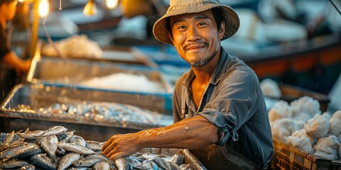 A cheerful Asian fish seller in a vibrant market, representing tradition and a positive lifestyle.