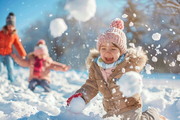 children play and have fun playing with snowball outdoors on a warm sunny winter day