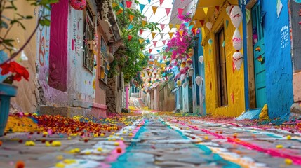 indian holi day rural street decorated with multi colored shabbles, holi theme