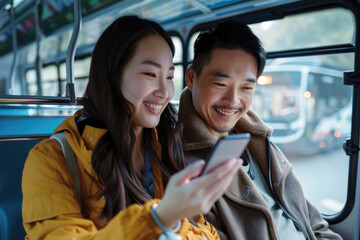 a happy Asian couple using their phones on the bus