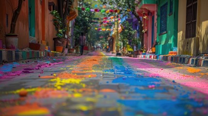 Naklejka premium rural street decorated with multi colored shabbles, holi theme