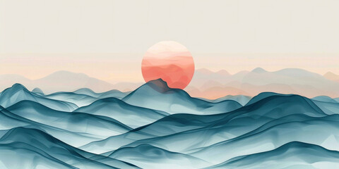 Majestic Mountain Range at Sunrise An Abstract Landscape Painting of Sun Rising above Mountains