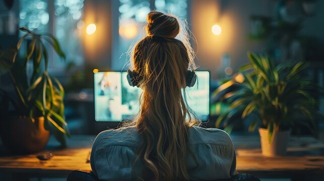 Professional woman engaged in a video conference call in a modern office. Concept Modern Office, Video Conference, Professional Woman, Technology, Business Attire