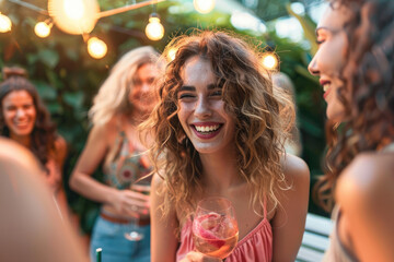 Happy woman has fun with her friends during summer party