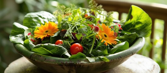 A bowl filled with an abundance of fresh green and orange flowers, creating a vibrant and colorful display.