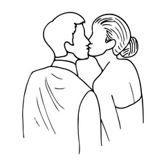 bride and groom kiss, angle from the back. hand drawn man and woman kiss
