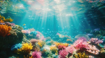 Foto op Aluminium Underwater paradise of a coral reef, teeming with life, vivid colors, sunlight filtering through water - ultra-realistic © AI Farm