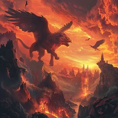 Fierce chimera prowling mythical landscapes, phoenix rising in the background, epic scene - obrazy, fototapety, plakaty