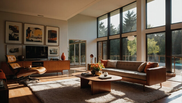 Mid-century modern living room with floor-to-ceiling windows and warm sunlight.