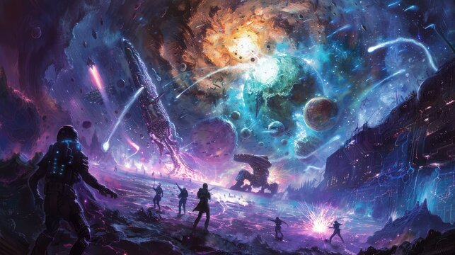 Epic space opera scene, heroes of genetic engineering confronting the mysteries of dark matter