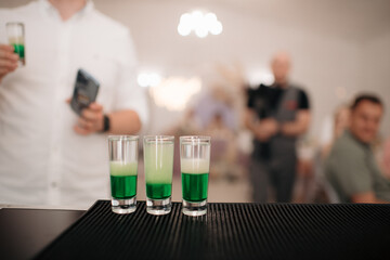 Buffet, glasses of champagne, sparkling wine, sparkling in the sun. Catering, party service. Festive event, welcome drink