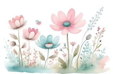 Watercolor flower set, delicate flowers, greeting card template, retro style