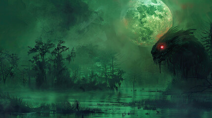 dragon in the dark swamp horror background