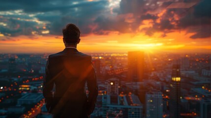 Back view of a contemplative businessman gazing at a vibrant urban sunset from a high-rise building.
