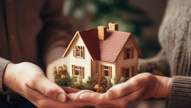 Person holding a miniature house, suitable for real estate concepts.