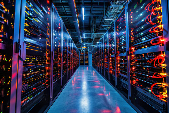 Row of servers in data center with red lights on walls and floor, technology infrastructure concept