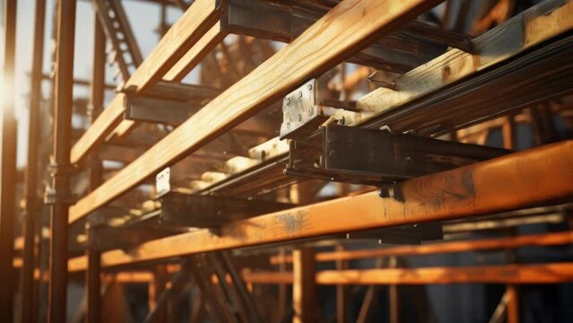Detailed view of a bunch of wooden beams. Ideal for construction projects.