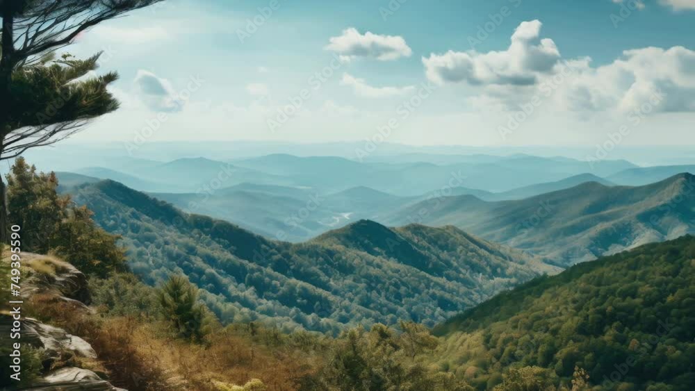 Poster scenic view of a mountain range with trees, perfect for nature backgrounds.
