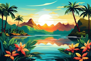 Fototapeta na wymiar Idyllic tropical beach with palm trees and serene lagoon in a relaxing paradise setting