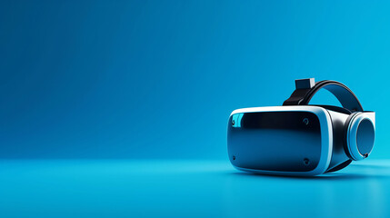 Smart VR virtual reality goggles with virtual screen holographic, blue background.