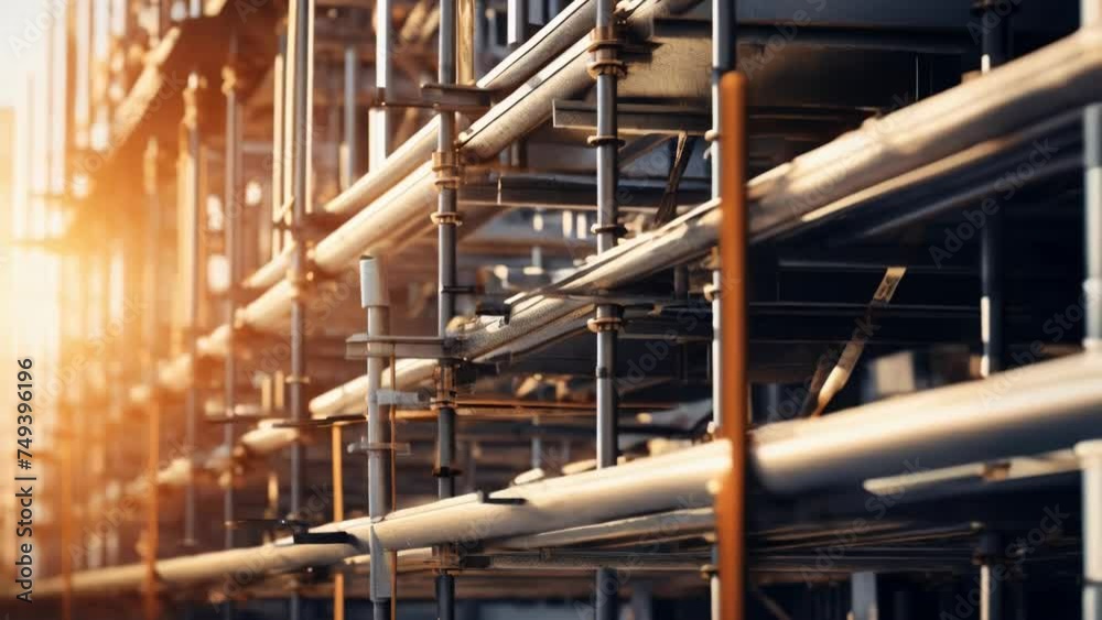 Poster a row of pipes in front of a building, suitable for industrial concepts.