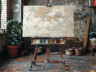 Prepared blank canvas that stands on the easel in the workshop. Mockup of paintings, mockup of studios.