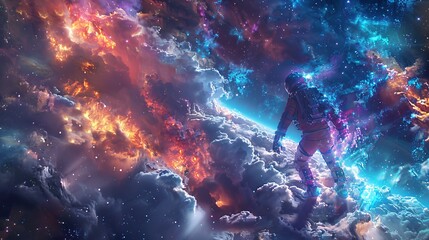 A spacetime wanderer with diamond-coated prosthetics, exploring marco-shots of colorful nebulas. - obrazy, fototapety, plakaty