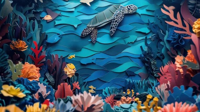 Paper cutout of a turtle swimming in the ocean. Suitable for educational materials.