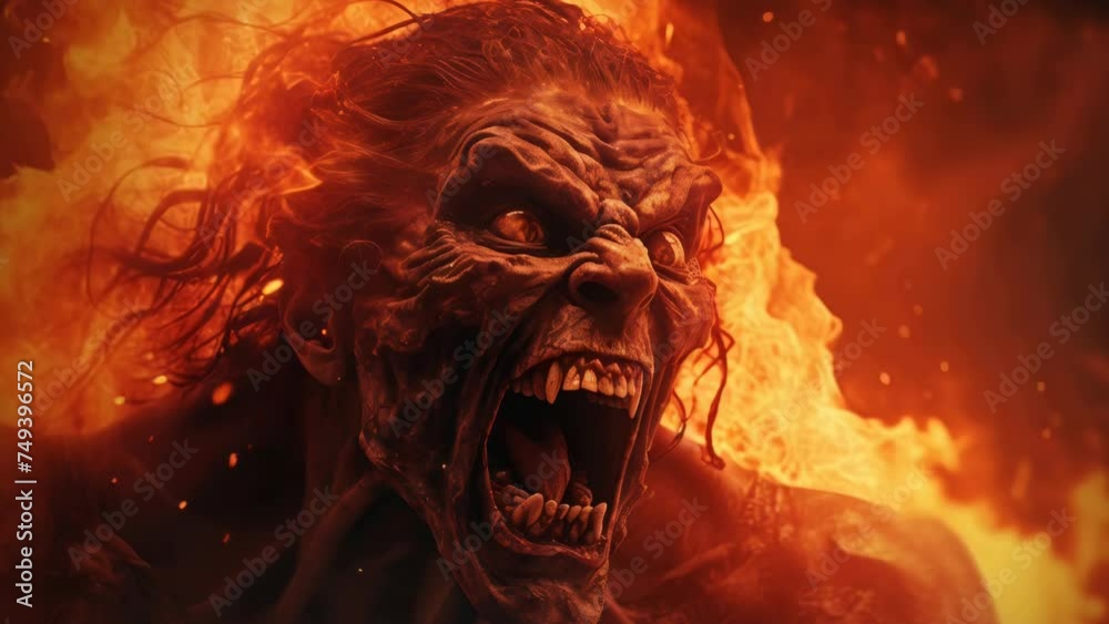 Poster Close up of a person with fire in the background. Suitable for various projects.