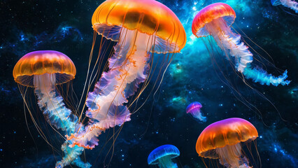 a group of translucent neon glowing jelly fish floating through space, nebula galaxy, vibrant colours, universe, relaxing, stunning, celestial adventure, interstellar journey - obrazy, fototapety, plakaty