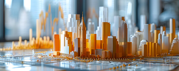 Golden 3D cityscape model with detailed buildings and dynamic lighting.