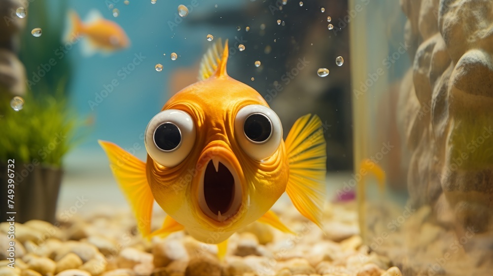Wall mural A fish with wide open mouth and big eyes in fishtank, Surprised, shocked or amazed face front view - Wall murals