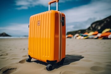 Modern suitcase on beach - travel adventure relaxation tourism concept with text space