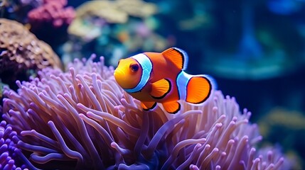 Amphiprion ocellaris clownfish in marine aquarium. Orange corals in the background. Colorful pattern, texture, wallpaper, panoramic underwater view. Concept art, graphic resources, macro photography