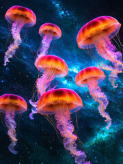 Obraz premium a group of translucent neon glowing jelly fish floating through space, nebula galaxy, vibrant colours, universe, relaxing, stunning, celestial adventure, interstellar journey