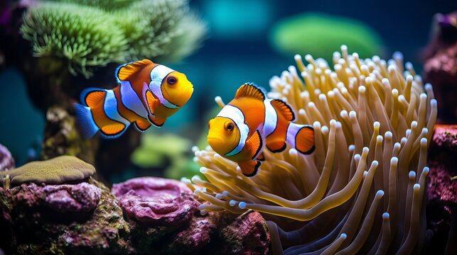 Amphiprion ocellaris clownfish in marine aquarium. Orange corals in the background. Colorful pattern, texture, wallpaper, panoramic underwater view. Concept art, graphic resources, macro photography