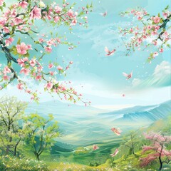 spring landscape with flowers, spring weather banner, poster, spring weather background, spring background