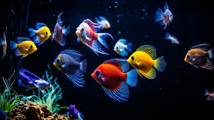 Fototapeta na wymiar Aquarium colourfull fishes in dark deep blue water