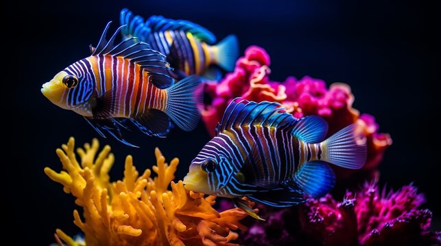 Aquarium colourfull fishes in dark deep blue water