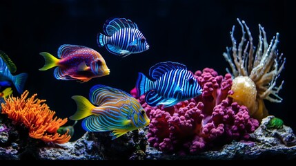 Aquarium colourfull fishes in dark deep blue water